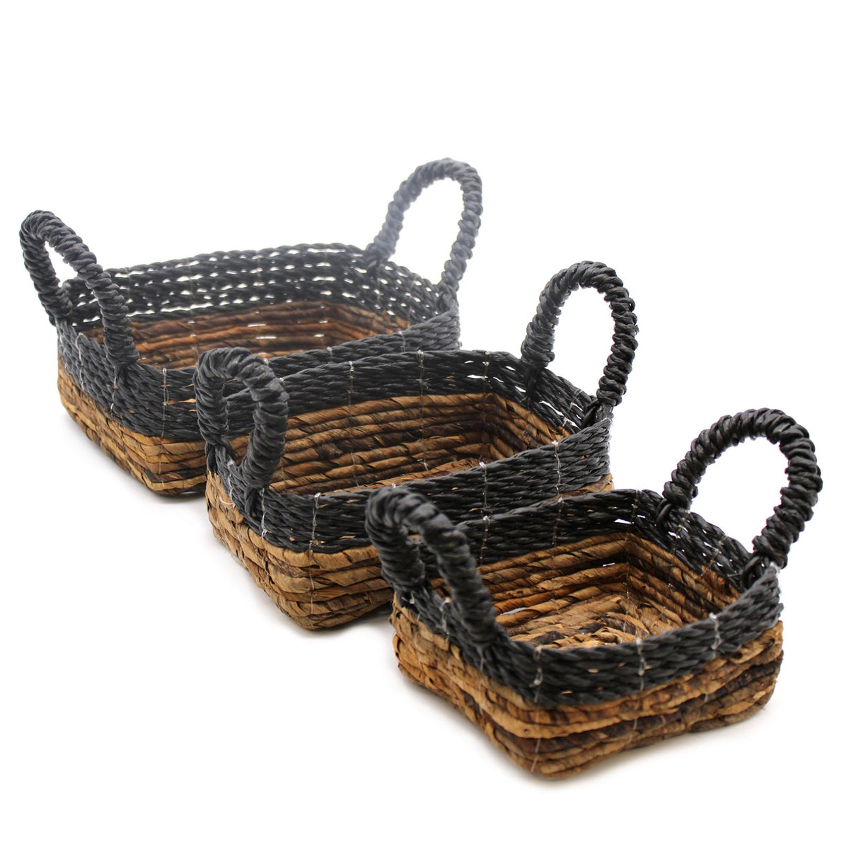 Black Raffia & Banana Leaf Square Baskets, Set of 3