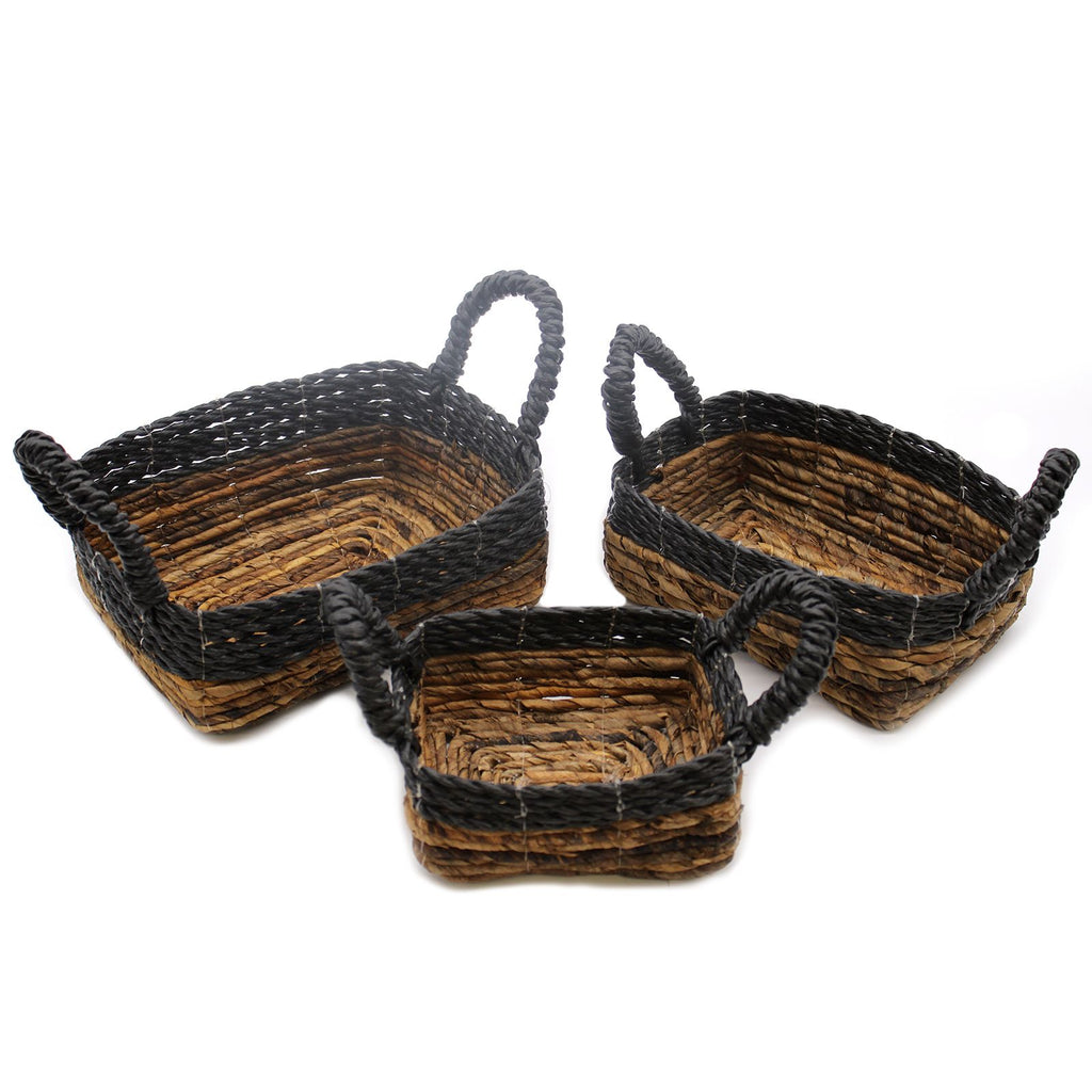 Black Raffia & Banana Leaf Square Baskets, Set of 3