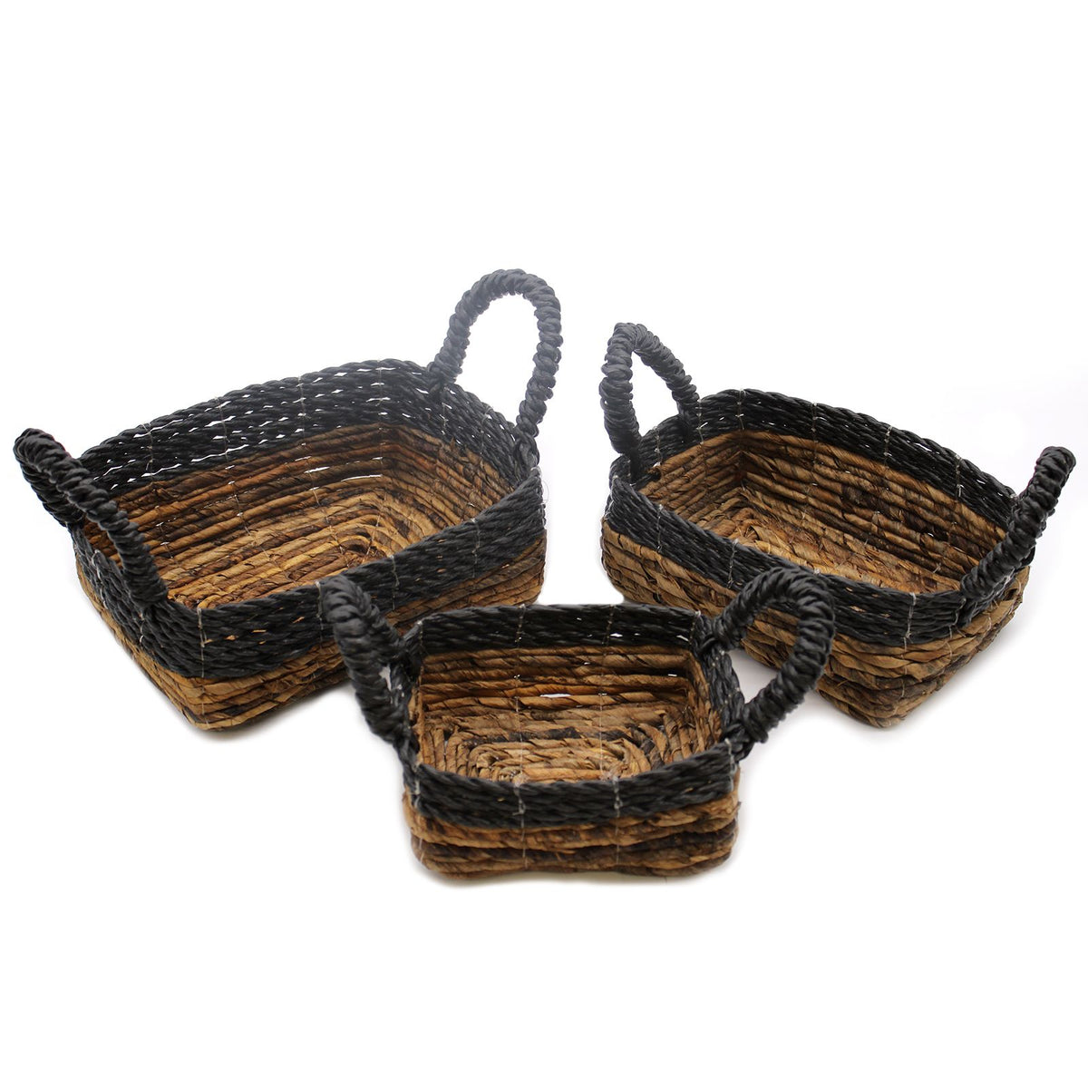 Black Raffia & Banana Leaf Square Baskets, Set of 3