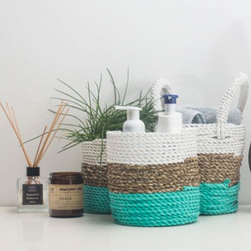 Natural & White Seagrass Baskets, Set of 3