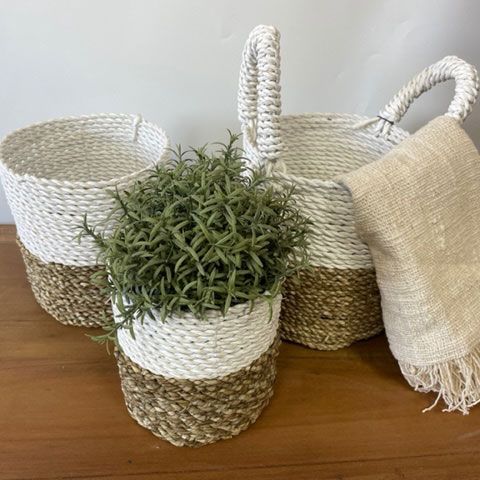Natural & White Seagrass Baskets, Set of 3