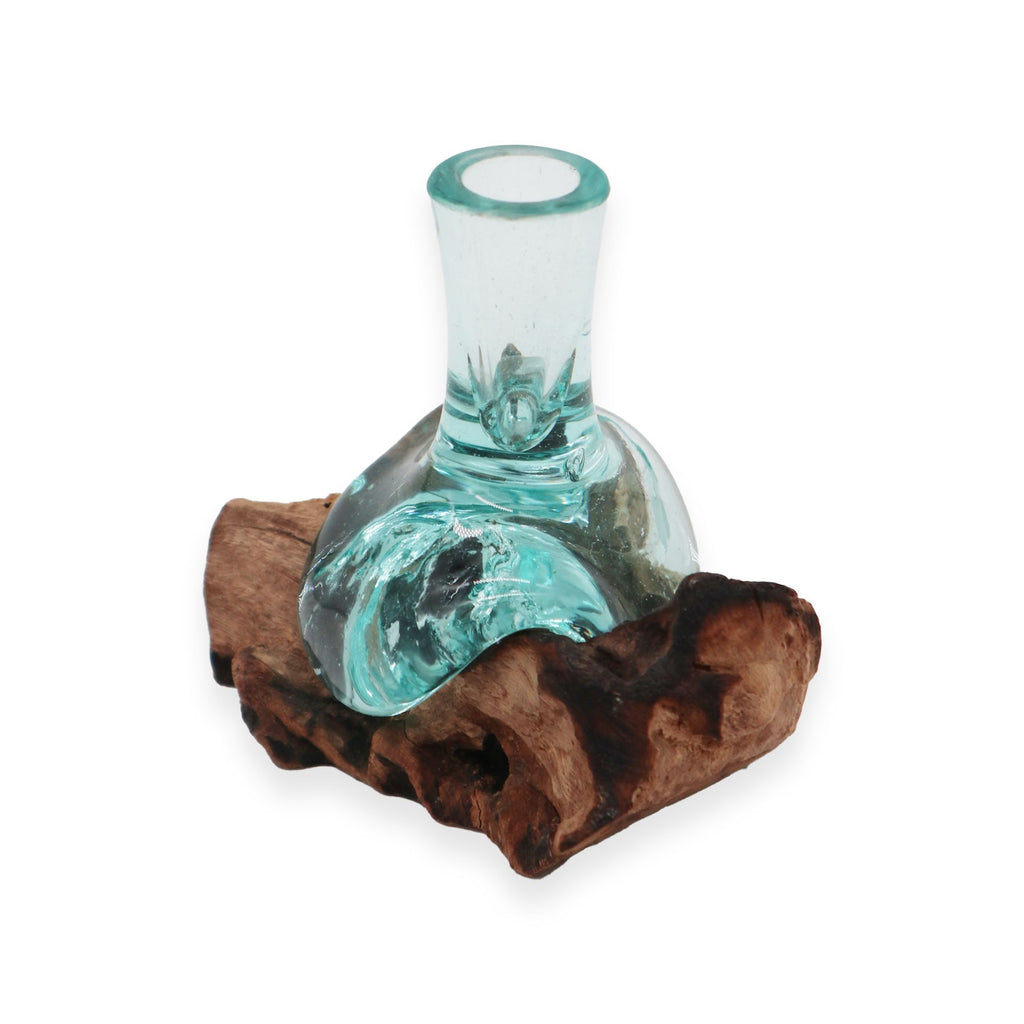 Small Molten Glass Flower Vase on Wood