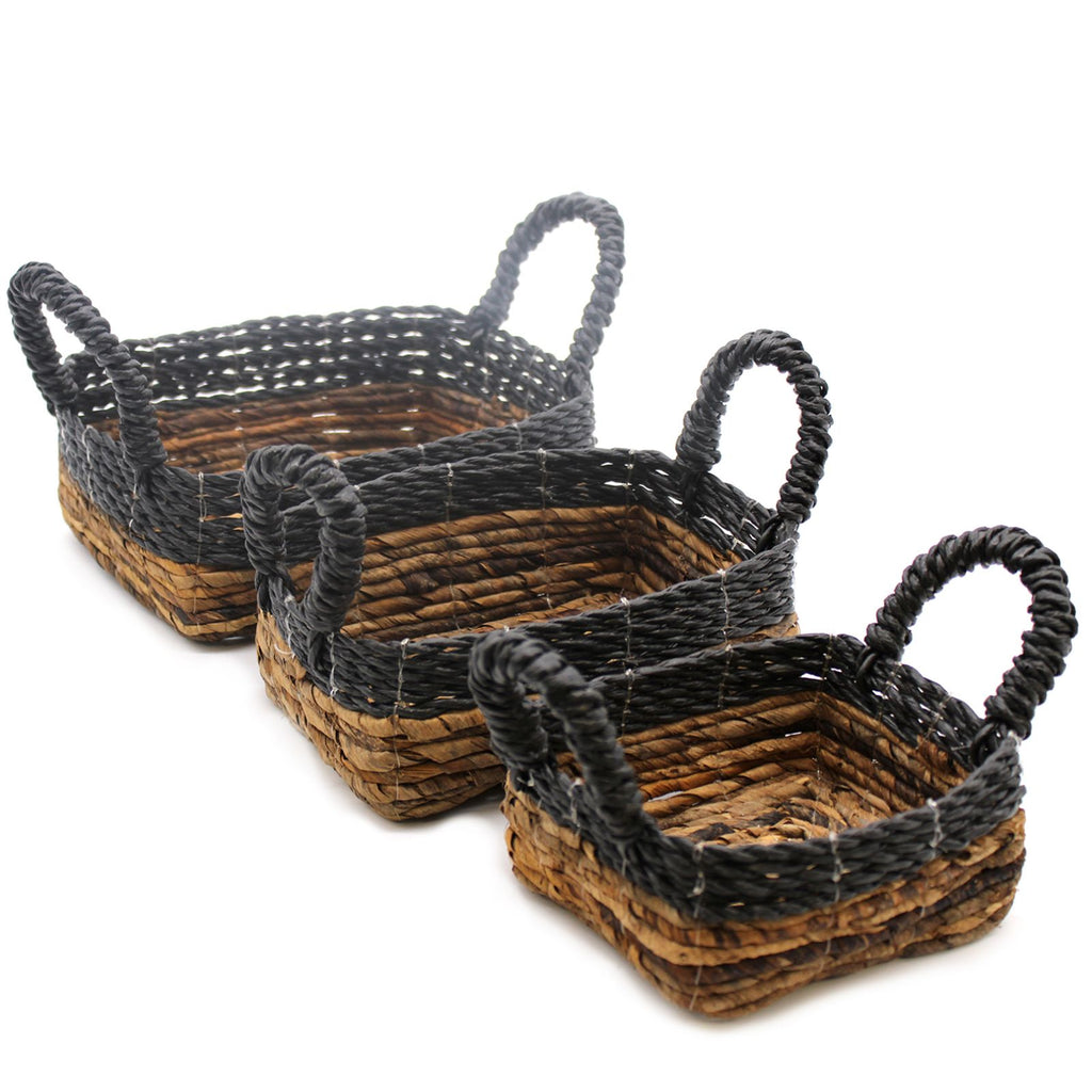 Black Raffia & Banana Leaf Square Baskets, Set of 3 by Nookavela