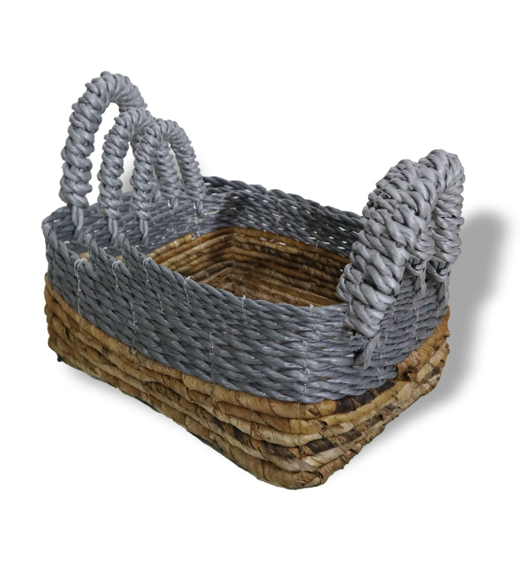 Grey Raffia & Banana Leaf Square Baskets, Set of 3