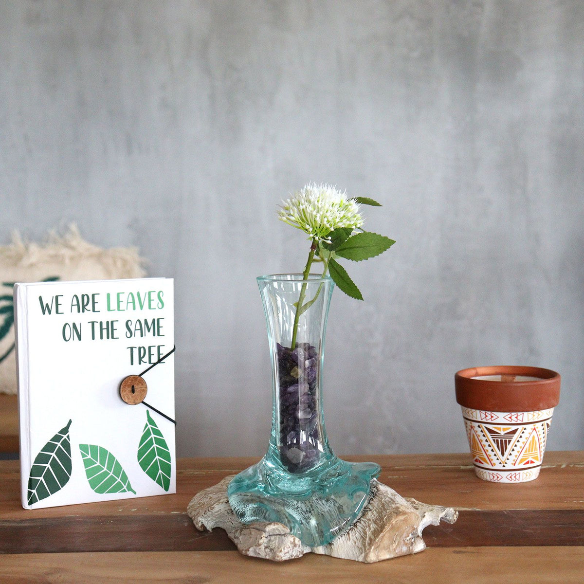 Small Molten Glass Vase on Whitewash Wood
