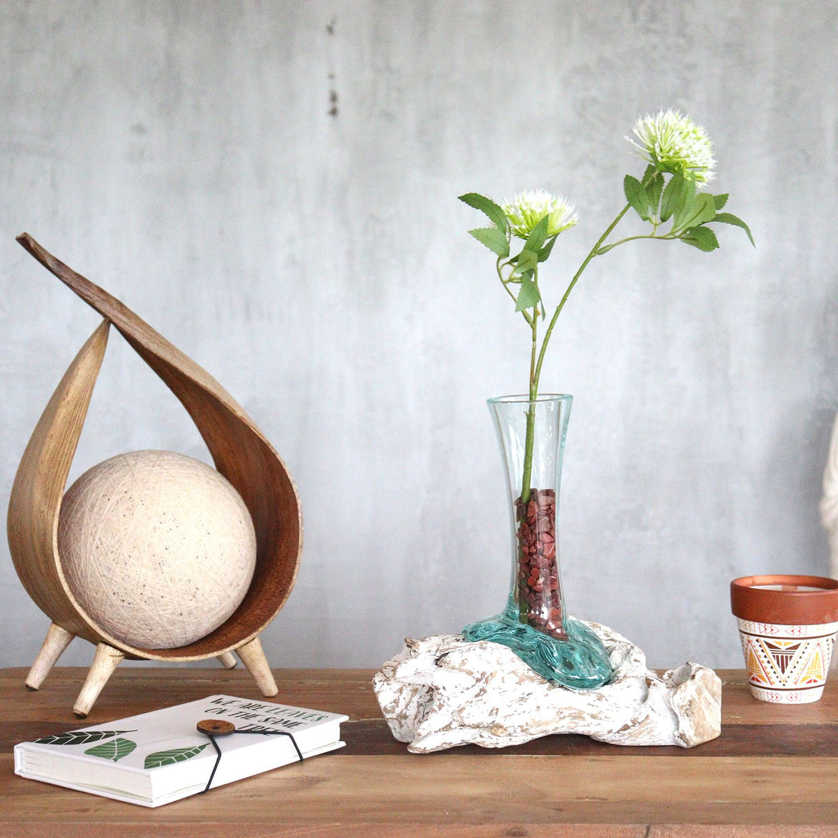 Small Molten Glass Vase on Whitewash Wood