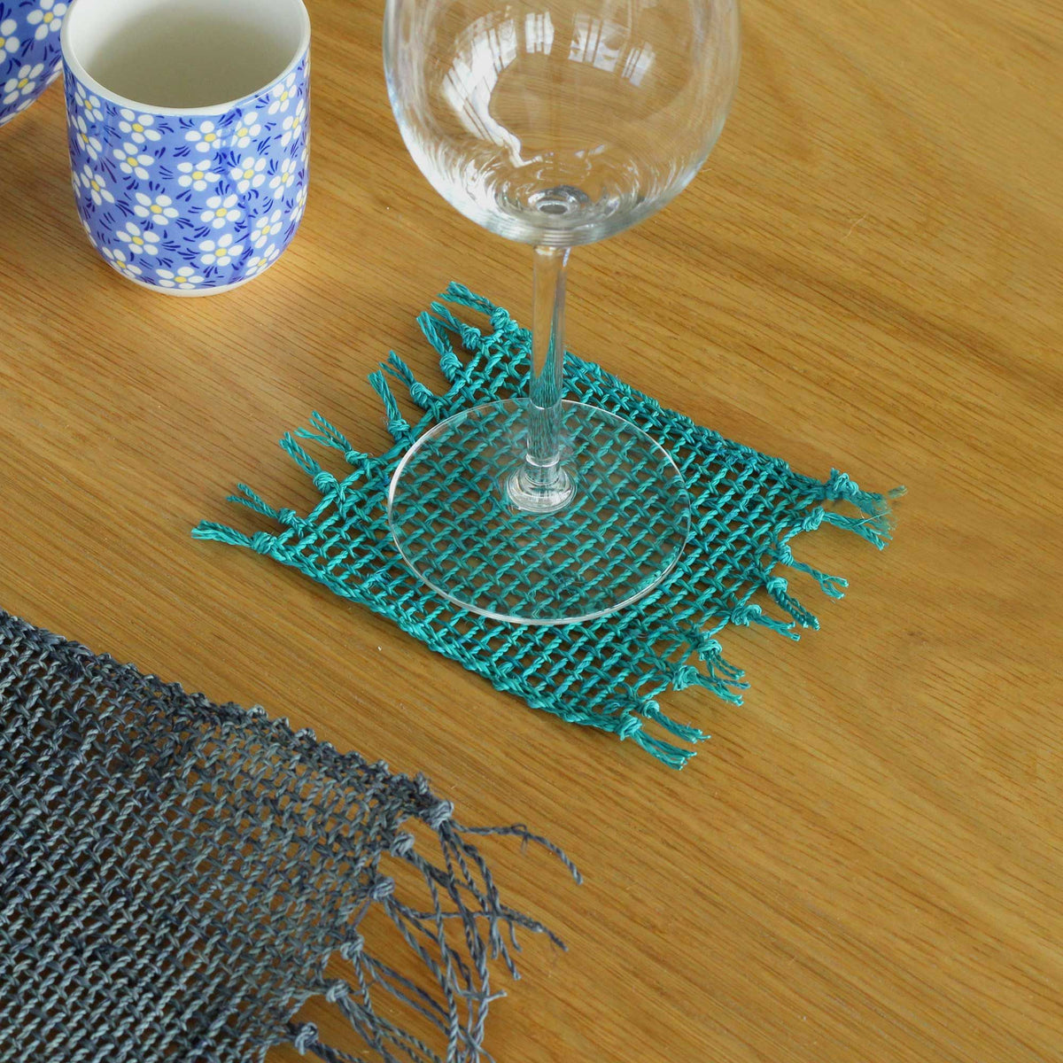 Turquoise Seagrass Fringe Coasters, Set of 4