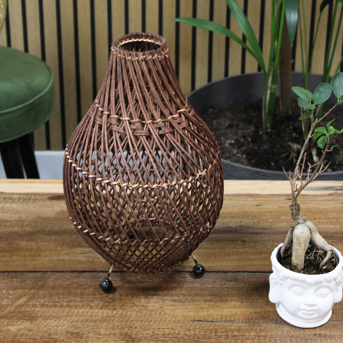 Dark Brown Woven Rattan Table Lamp, 39cm