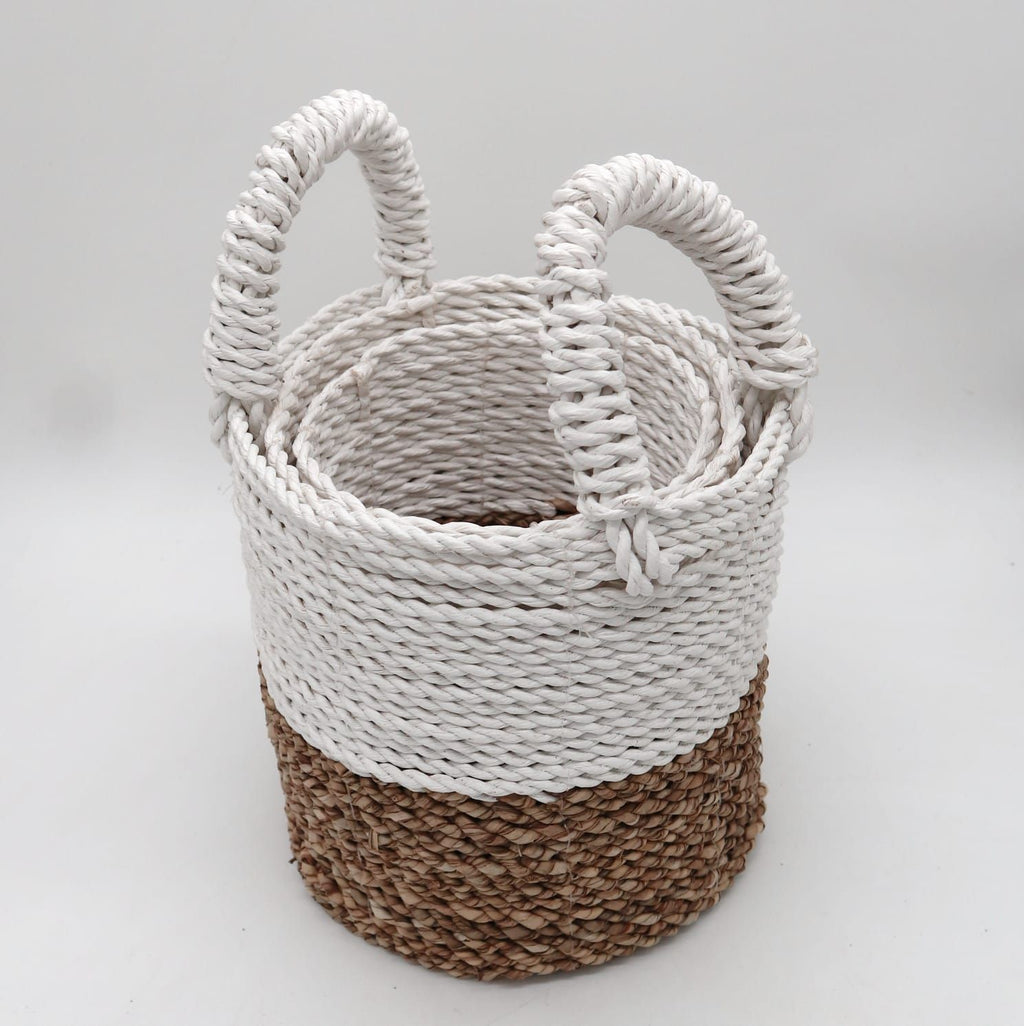 Natural & White Seagrass Baskets, Set of 3