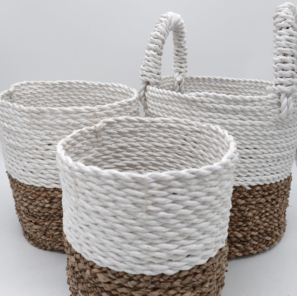 Natural & White Seagrass Baskets, Set of 3