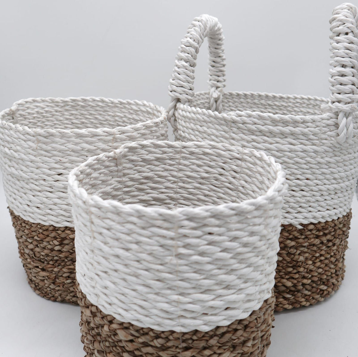 Natural & White Seagrass Baskets, Set of 3