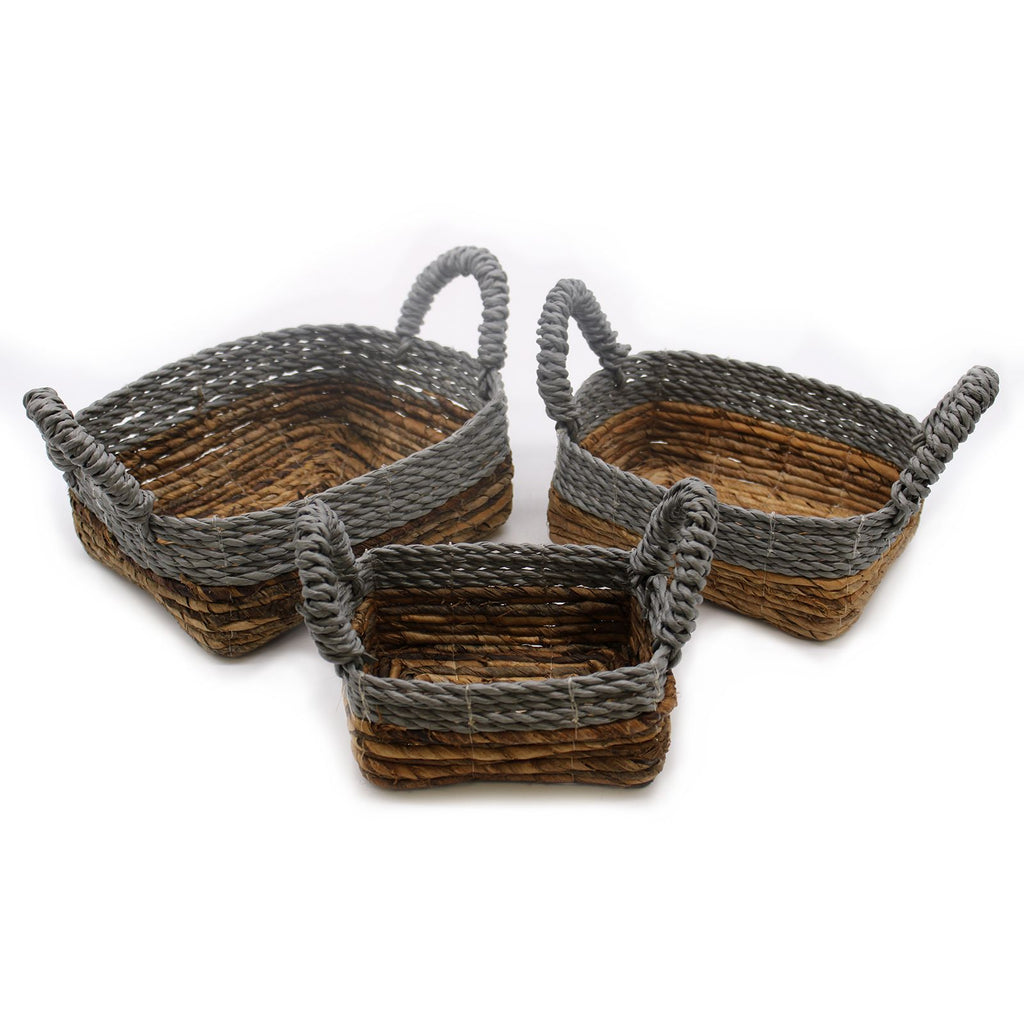 Grey Raffia & Banana Leaf Square Baskets, Set of 3
