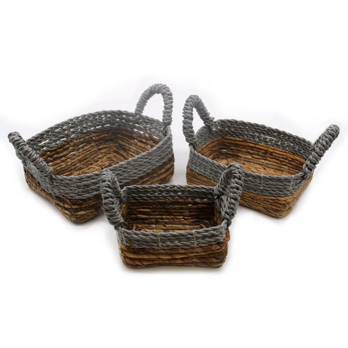 Grey Raffia & Banana Leaf Square Baskets, Set of 3