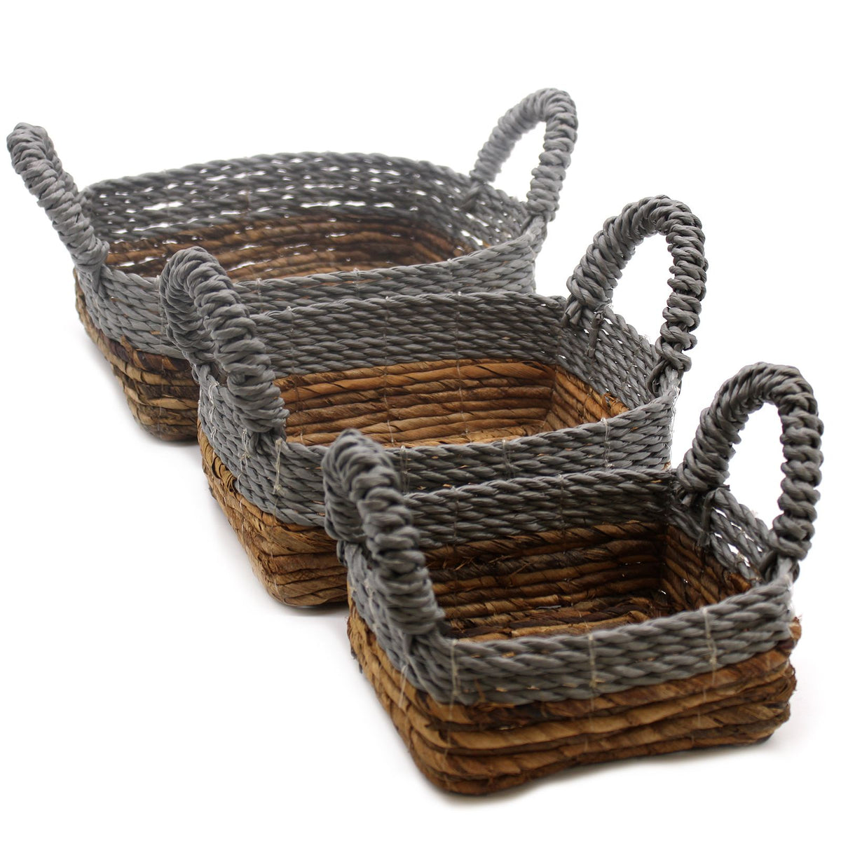 Grey Raffia & Banana Leaf Square Baskets, Set of 3 by Nookavela