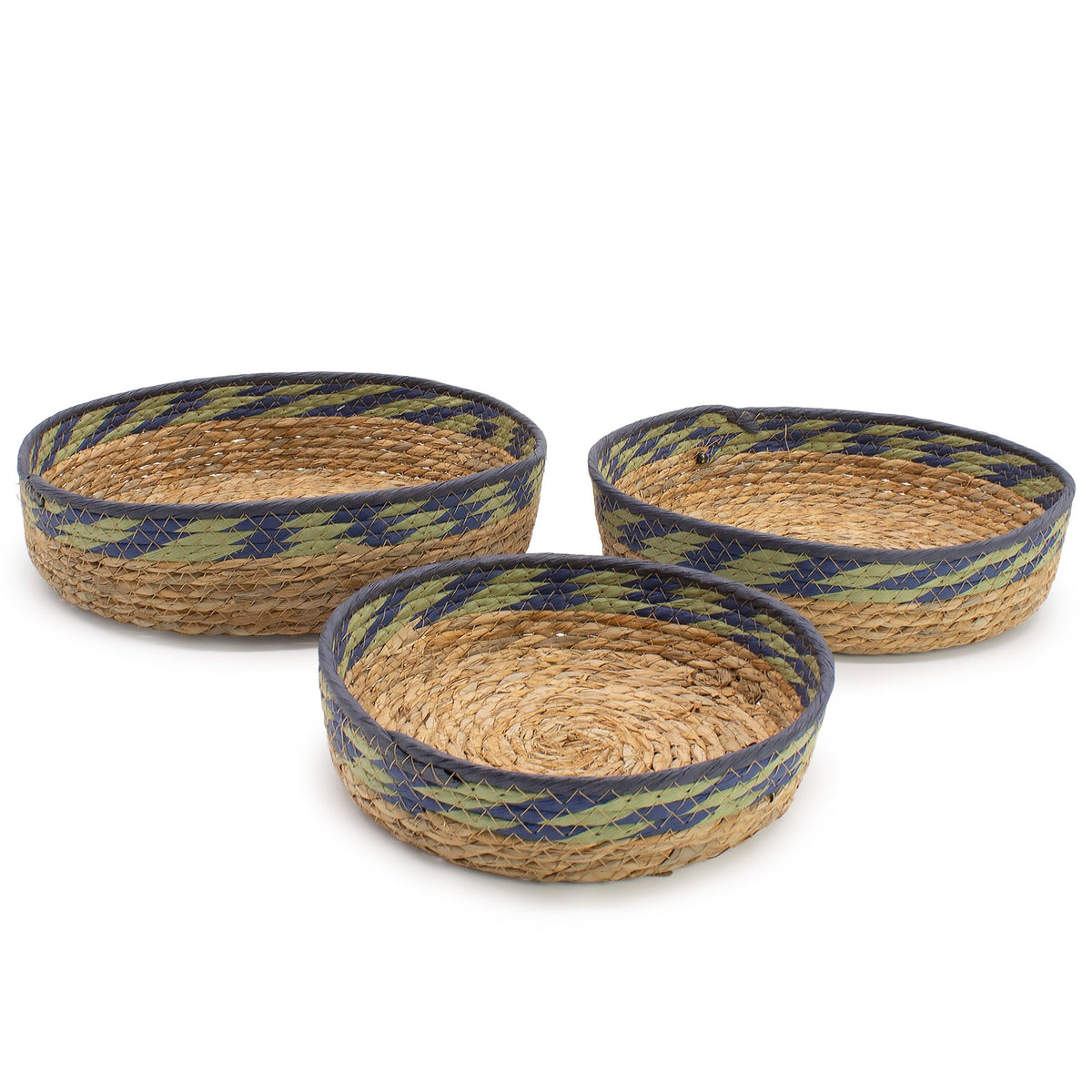 Green & Blue Woven Tray Baskets, Set of 3