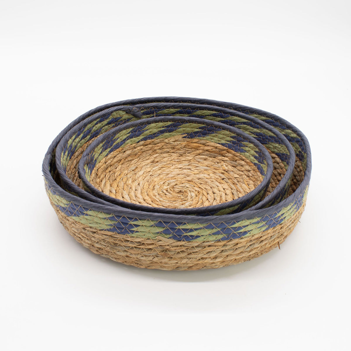 Green & Blue Woven Tray Baskets, Set of 3