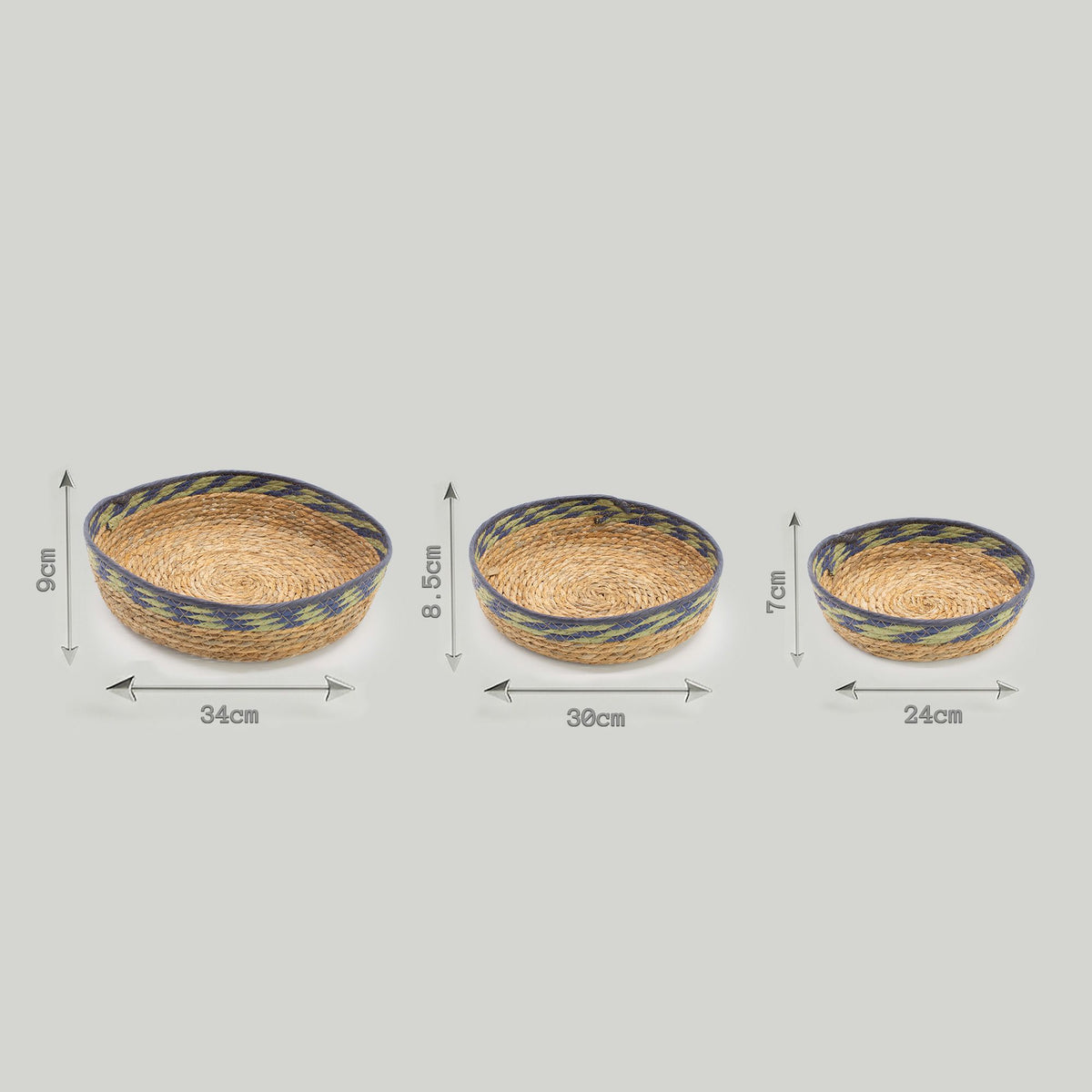 Green & Blue Woven Tray Baskets, Set of 3