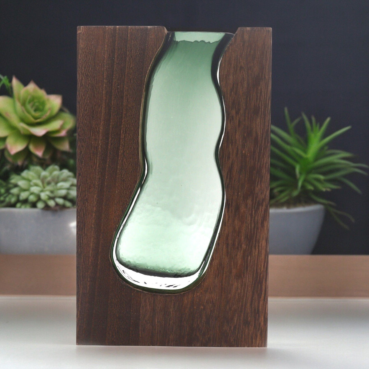 Glass Vase in Dark Tung Wood, 23cm