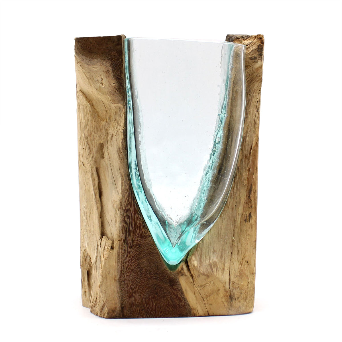 V-Shaped Molten Glass Vase on Wood