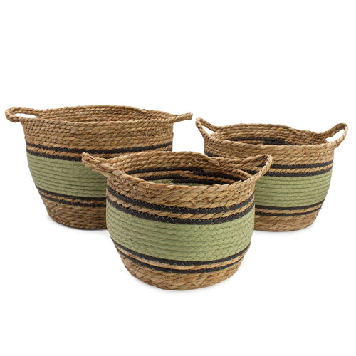 Black & Green Seagrass Baskets, Set of 3