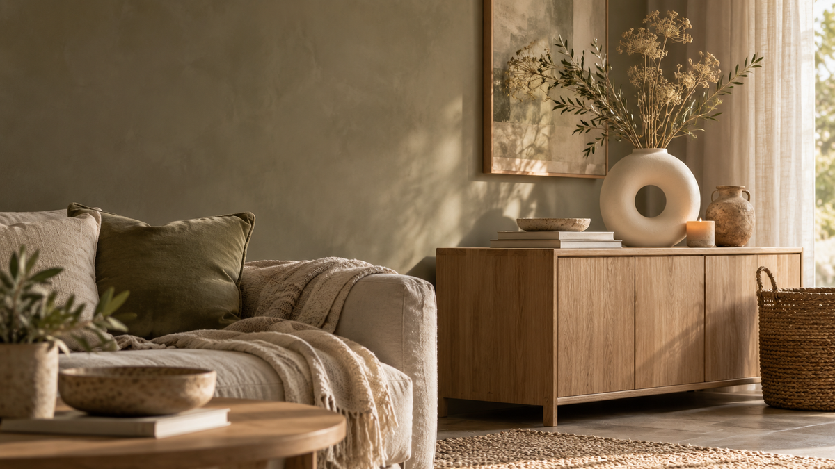 Warm neutral living room with vase and woven basket